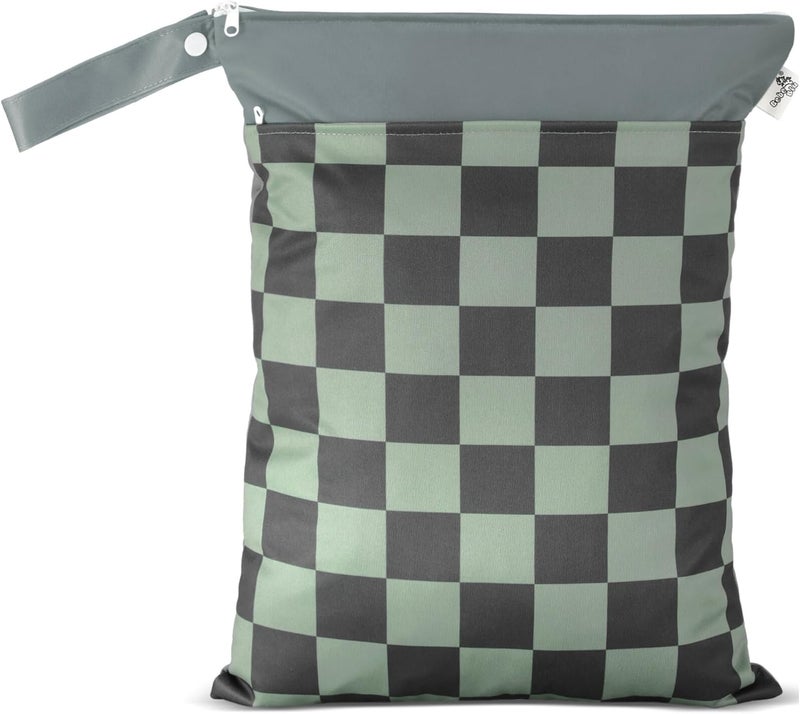 BebeBiu Cloth Diaper Wet Bags – Waterproof & Reusable Bag with 2 Zippered Pockets, 100% Polyester with Handle, Perfect for Stroller, Travel, Baby Essentials & Breast Pump Storage (Green Check) - Image 1
